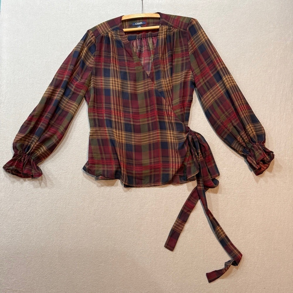 Chaps Romantic‎ Peasant Poet Sleeve Sheer Tartan Plaid Wrap Top Women Small